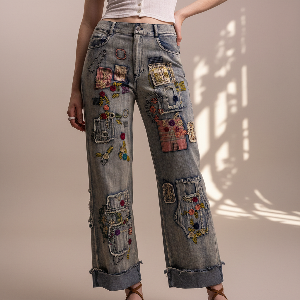 Close-up of Bluevelvet patchwork embroidered denim jeans showing colorful patches and floral embroidery detail