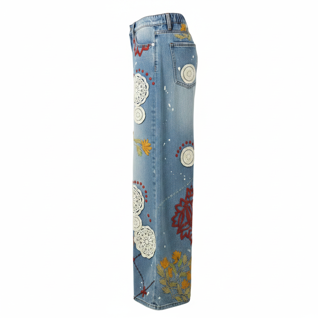 Women's embroidered denim pants side profile, wide leg silhouette, mineral wash, ghost mannequin
