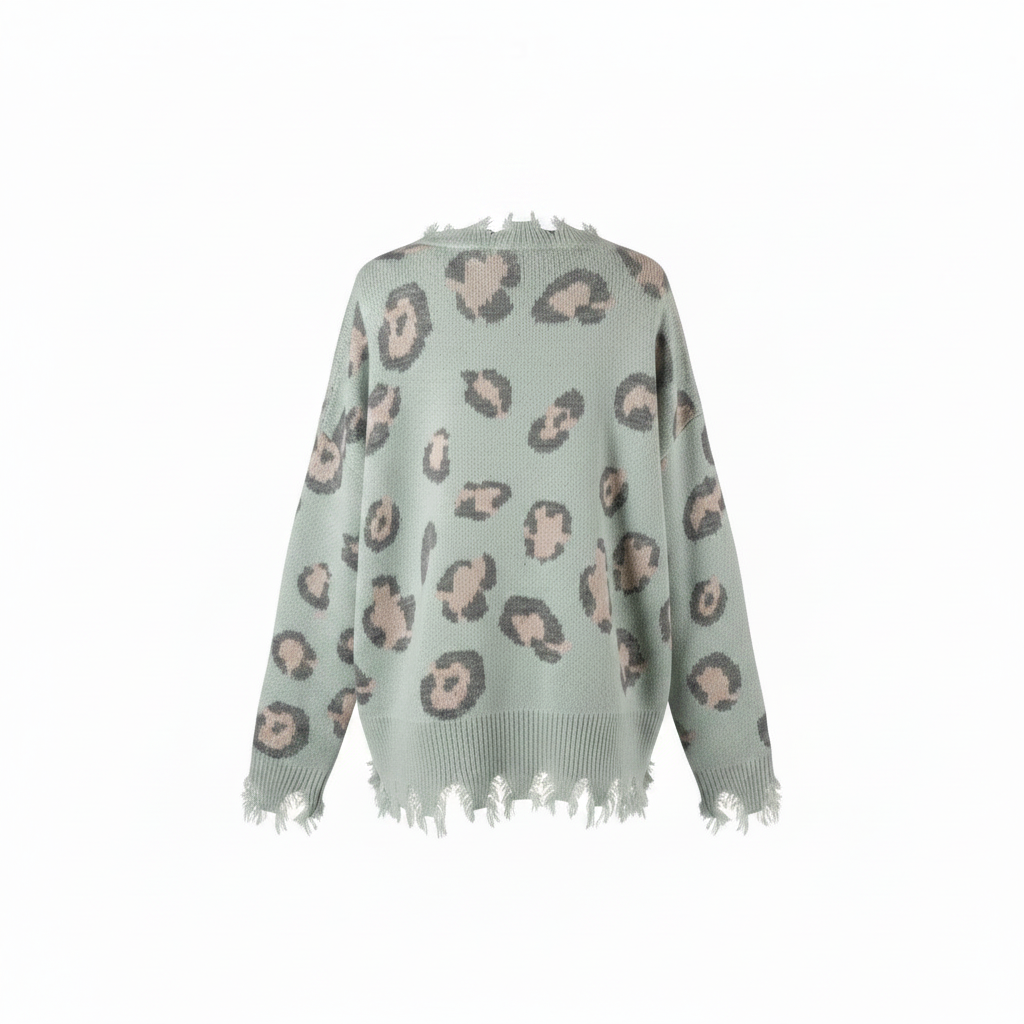 Women's mint green leopard knit sweater back view, ghost mannequin, distressed fringe hem, oversized fit