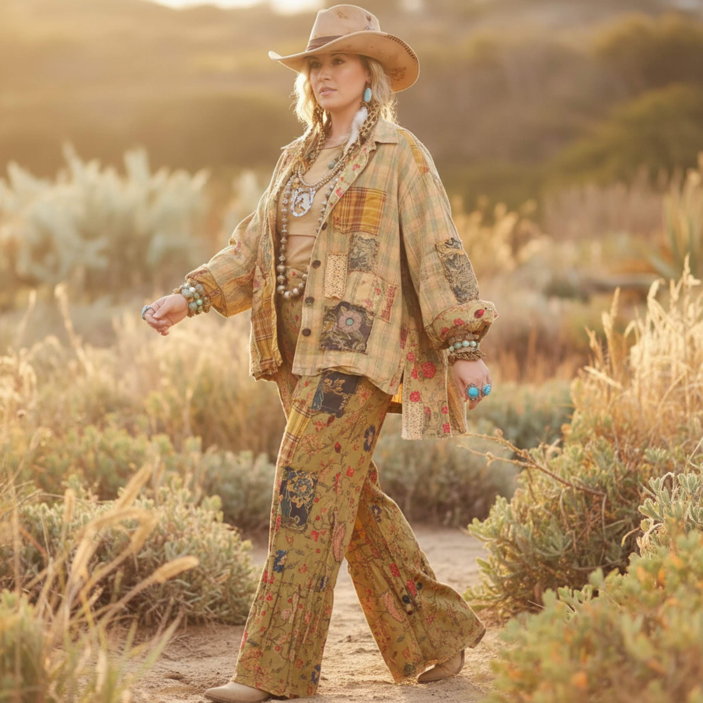Women's golden olive patchwork jacket in motion, coastal outdoor styling, wide-leg palazzo pants, tan boots
