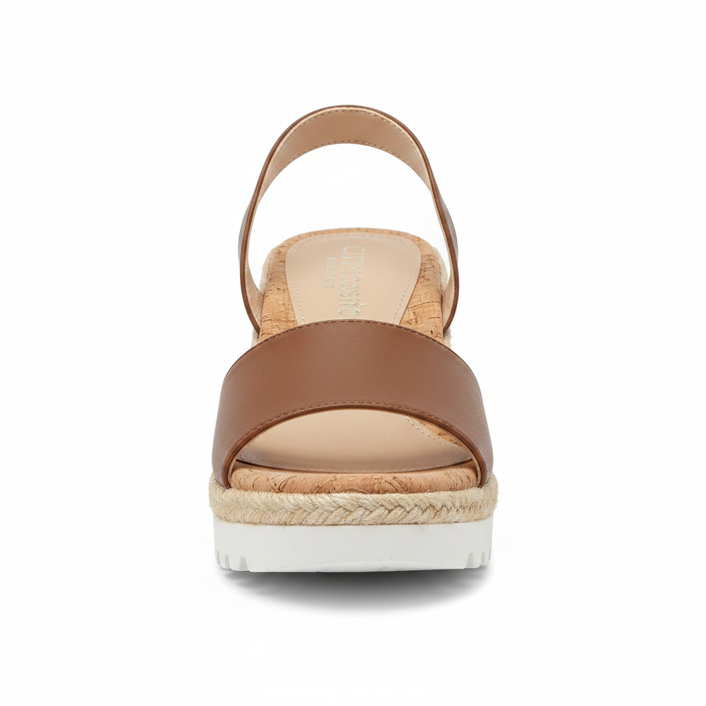 Cityclassified Junior-S brown open-toe wedge sandal front view showing wide toe strap and cork platform