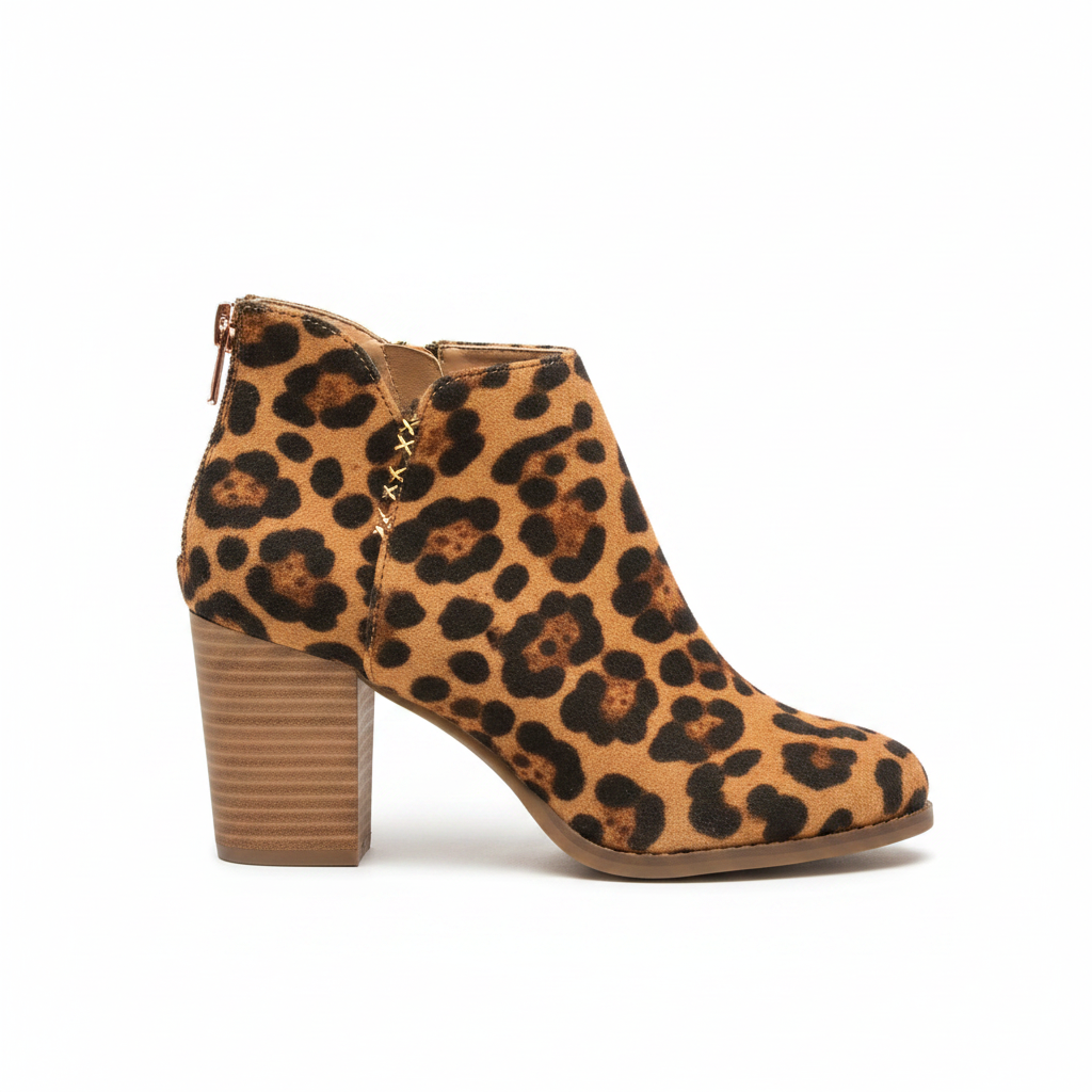 Women's leopard print suede ankle bootie side profile stacked wood-tone block heel V-notch topline round toe