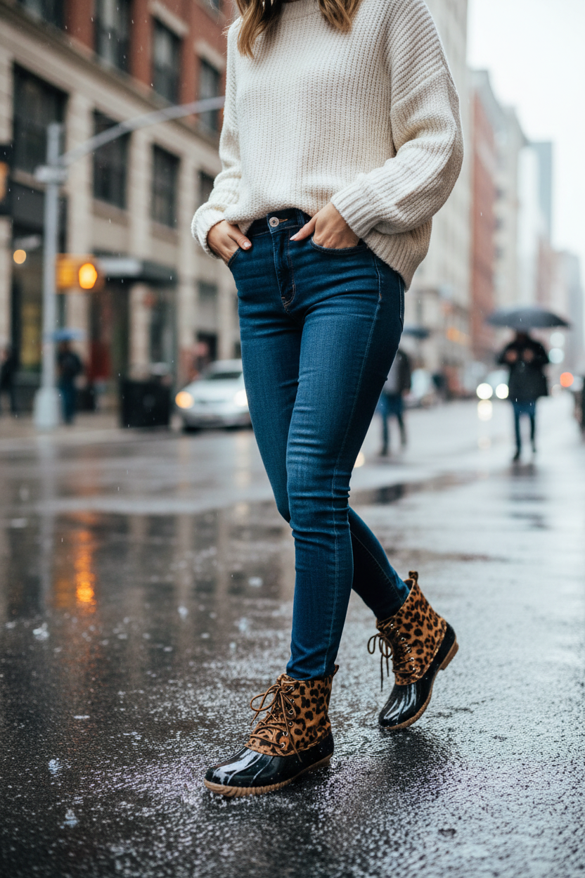 Woman wearing leopard print duck boots with jeans on rainy city street - rain boot styling