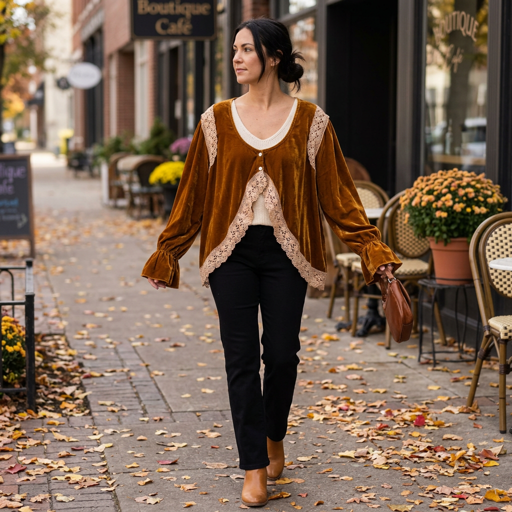 A Rare Bird Shop women's golden-brown velvet jacket with flared cuffs, worn on an autumn cafe walk