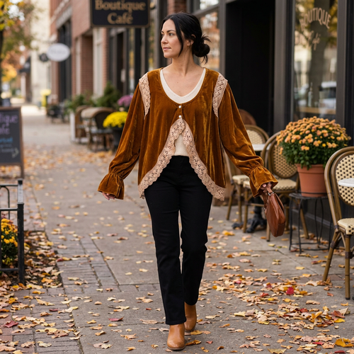 A Rare Bird Shop women's golden-brown velvet jacket with flared cuffs, worn on an autumn cafe walk