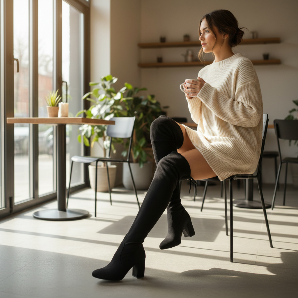 Woman wearing black over-the-knee boots with block heel and sweater dress in modern cafe setting, editorial fashion photography