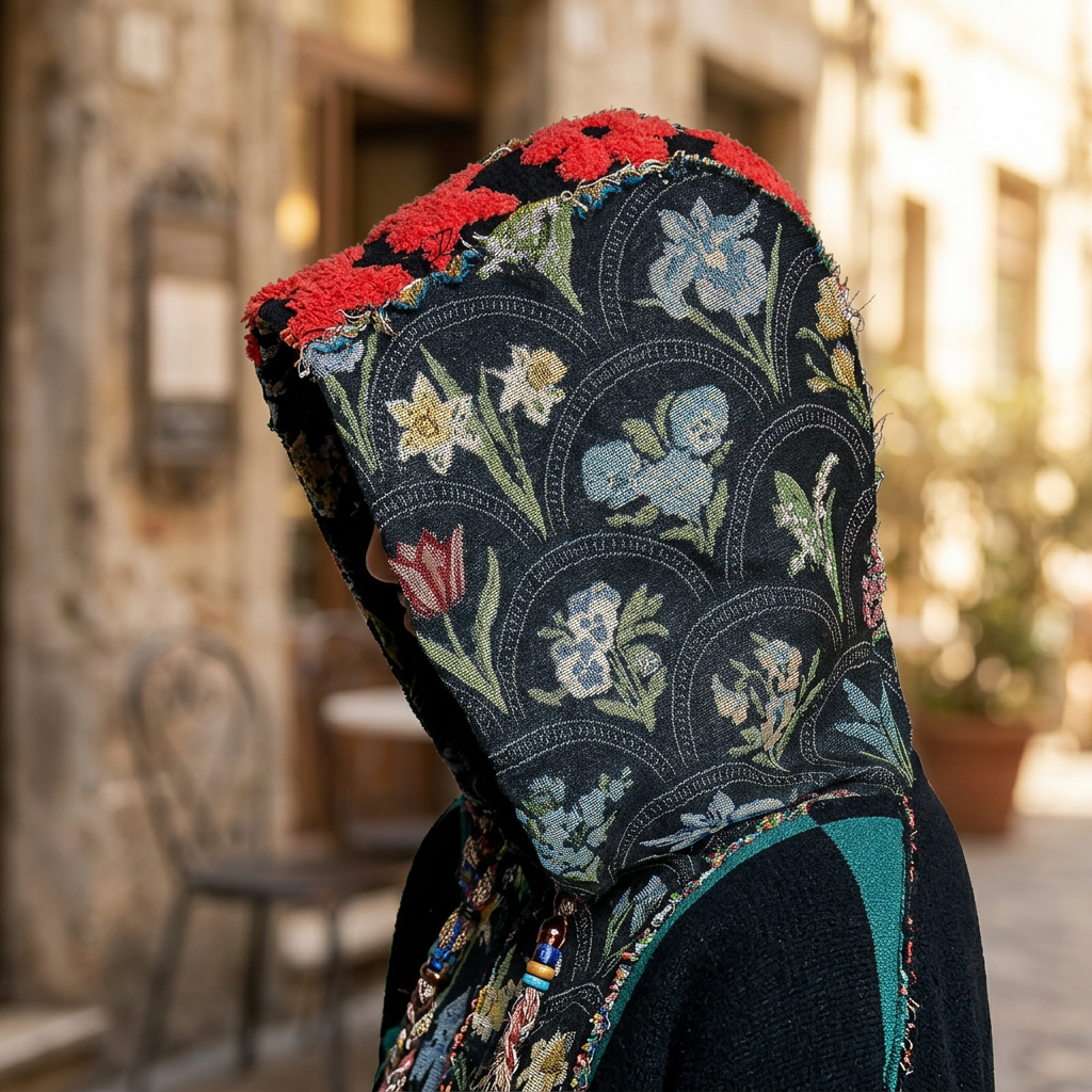 POL Clothing black and teal hoodie, close-up of floral tapestry hood and raw-edge seam outside a cafe