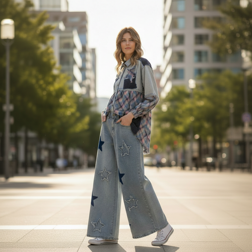 Star Patch Wide-Leg Jeans styled with plaid flannel shirt and white sneakers - lifestyle photo