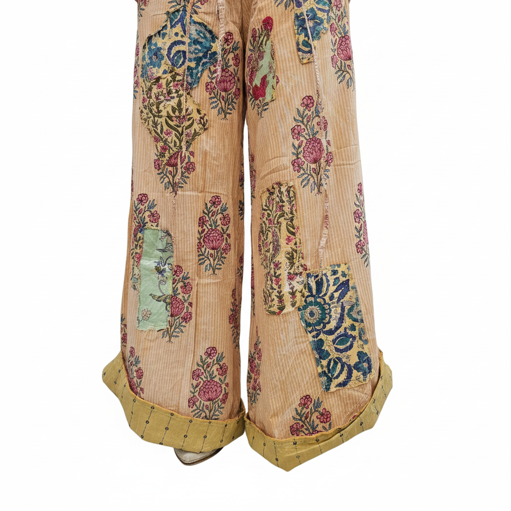 Women's peach palazzo pant close-up, blue teal medallion patchwork panel and mustard reverse hem cuff, artisan cotton detail