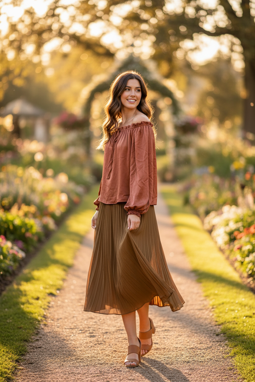 Woman wearing terracotta off-shoulder blouse with midi skirt outdoors lifestyle photo