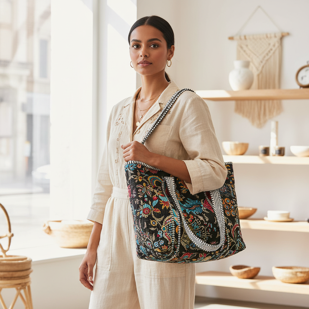 Women's multicolor quilted printed everyday tote bag, boho boutique lifestyle standing hero shot - BellanBlue