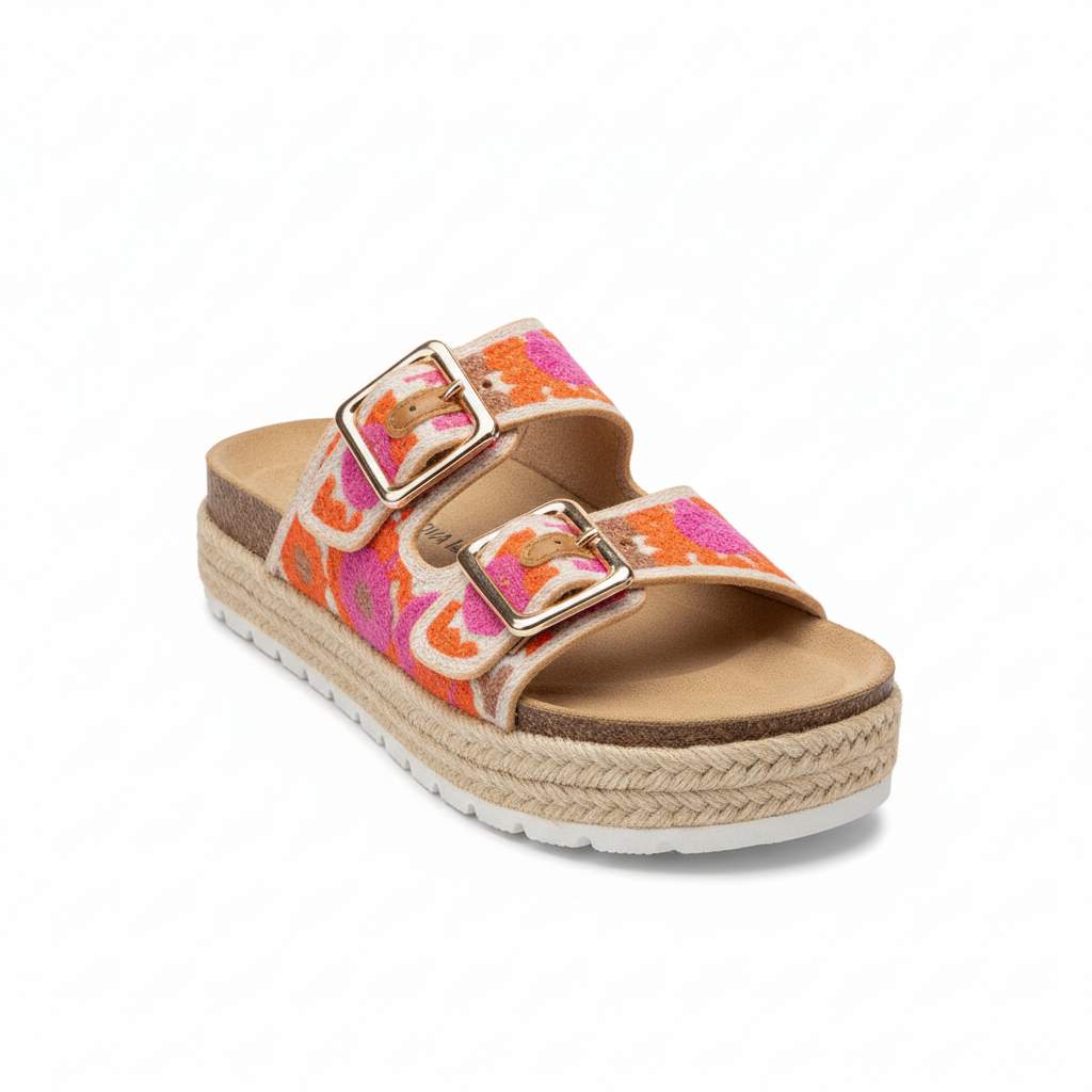 Women's floral embroidered platform espadrille sandal with pink and orange pattern and double buckle straps - front view