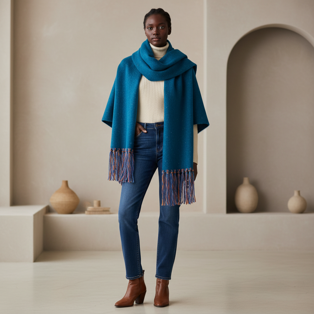 Women's teal blue speckled wrap scarf draped as shawl over turtleneck and jeans, boho fringe ends