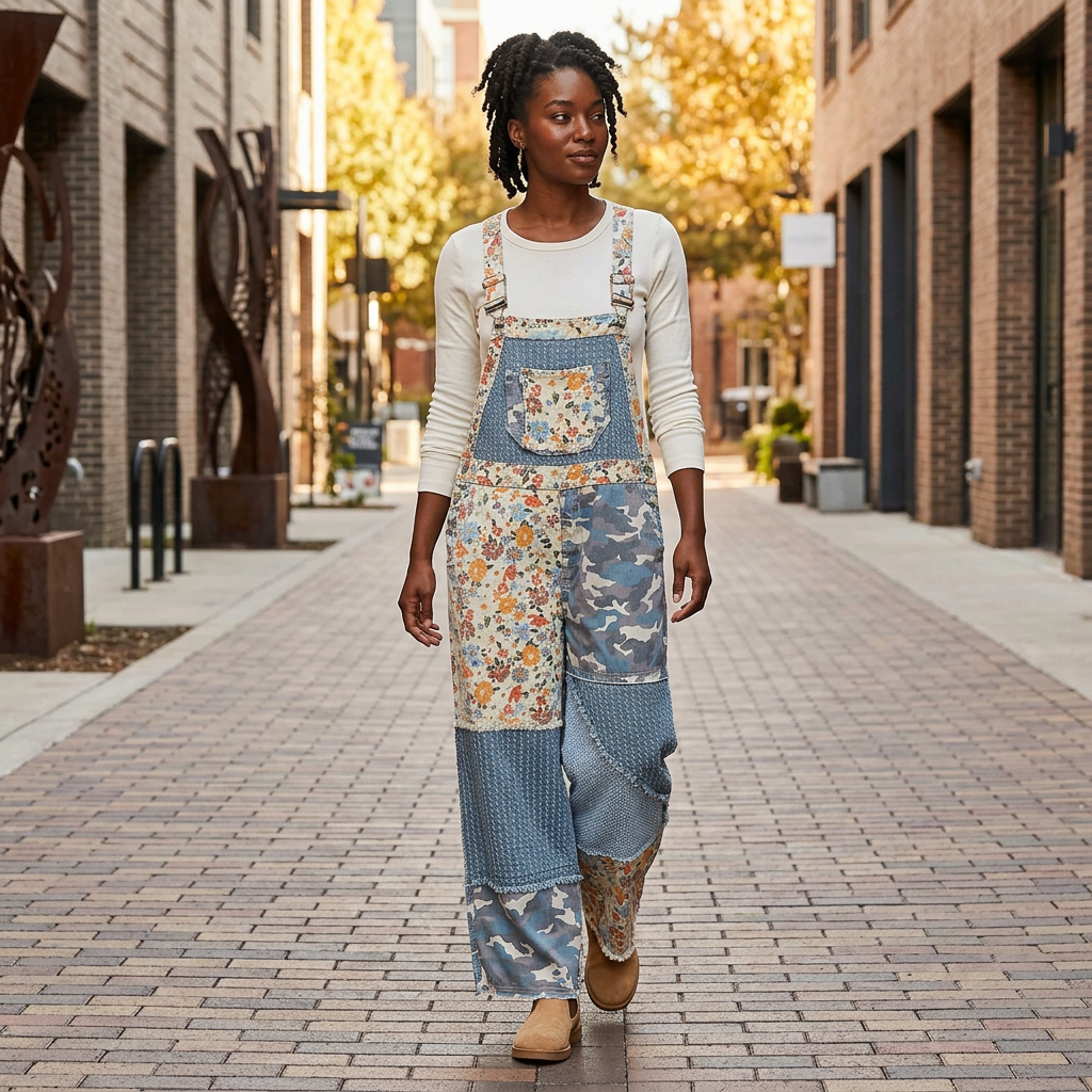 Floral and camo patchwork overalls layered over an ivory long-sleeve tee on a brick pedestrian lane.