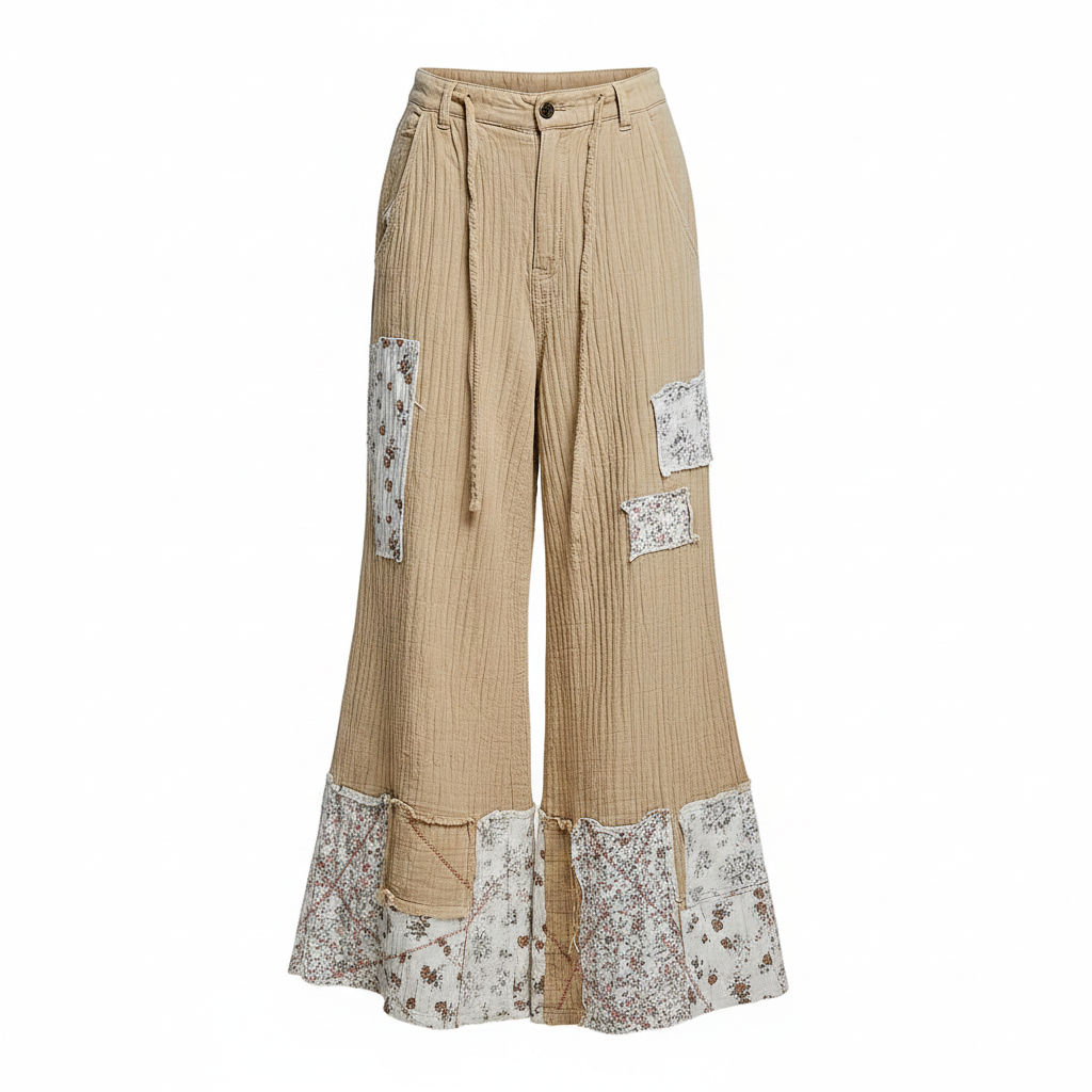 Women's latte quilted pants front, ghost mannequin, floral patchwork panels, cargo pockets, drawstring waist