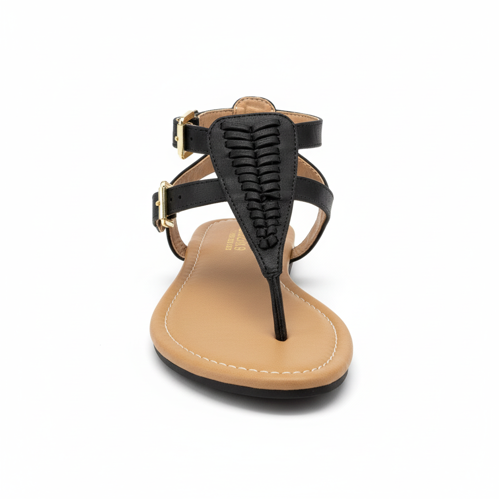 Black distressed faux leather thong sandal with braided T-strap and double gold buckle ankle straps, front view, white background