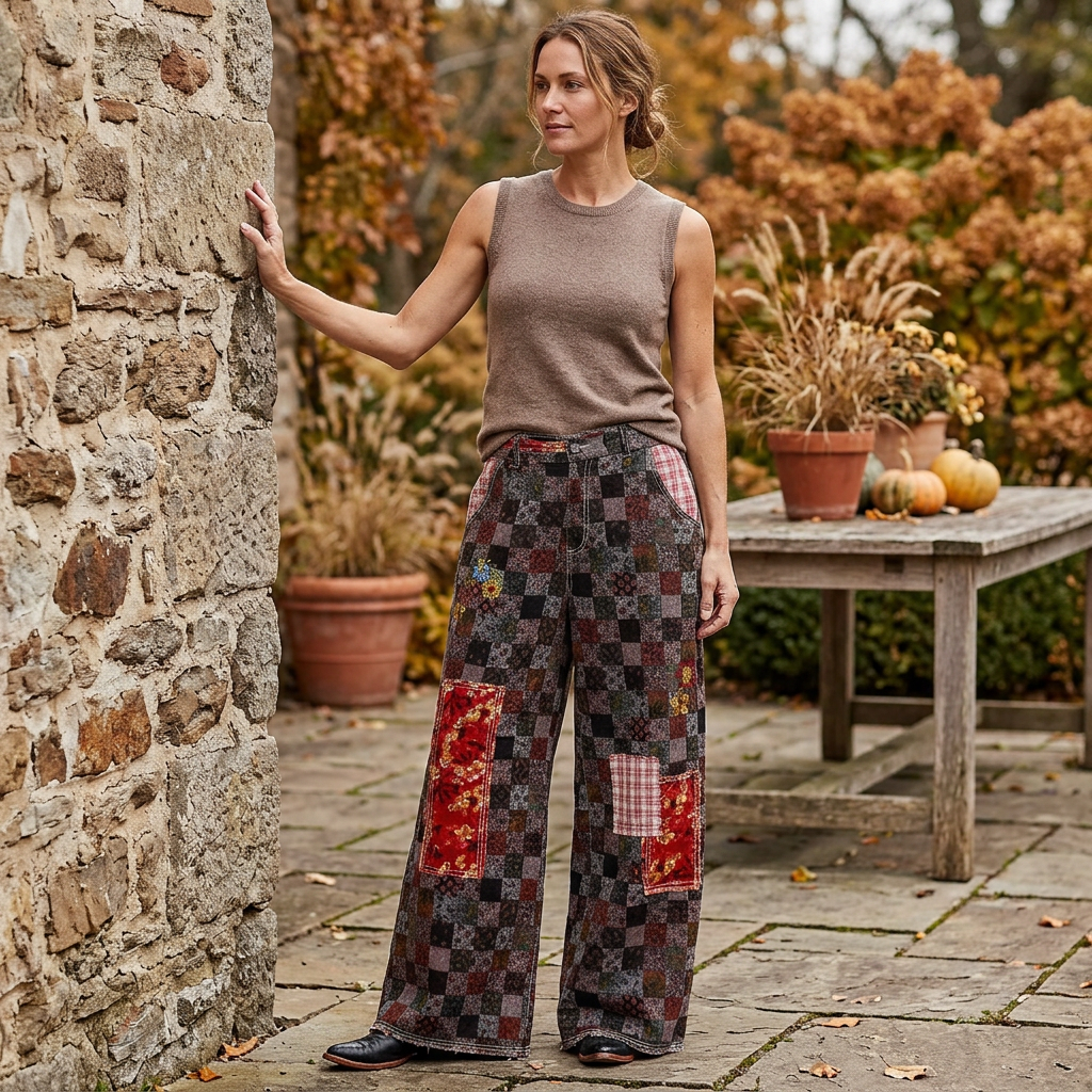 POL Clothing women's burgundy embroidered patchwork pants styled with a taupe top on a garden patio
