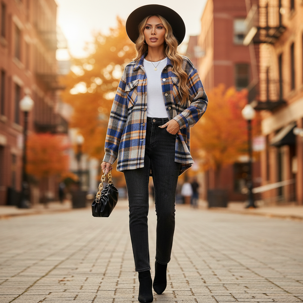 Women's blue plaid flannel shacket styled with dark jeans and wide-brim hat, oversized button-front – BellanBlue