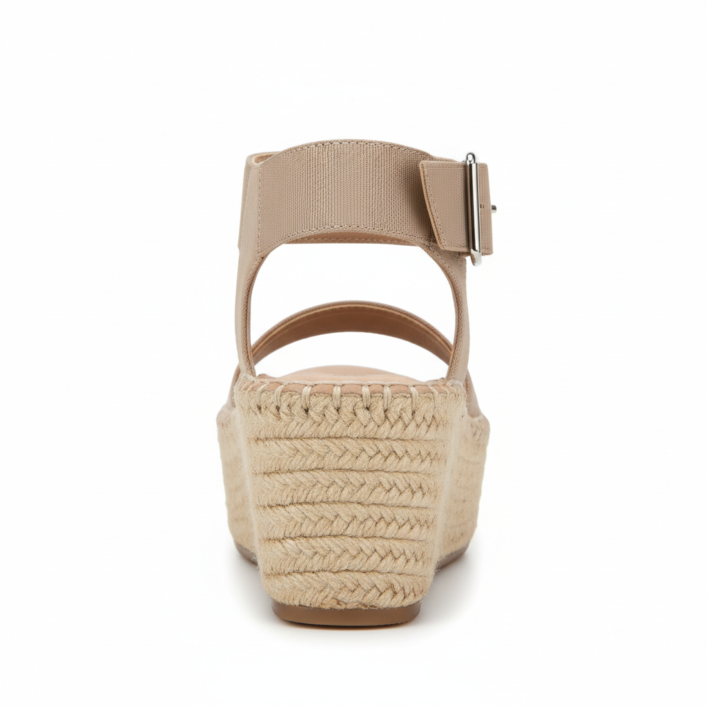 Back view of taupe platform sandal showing heel and adjustable buckle closure
