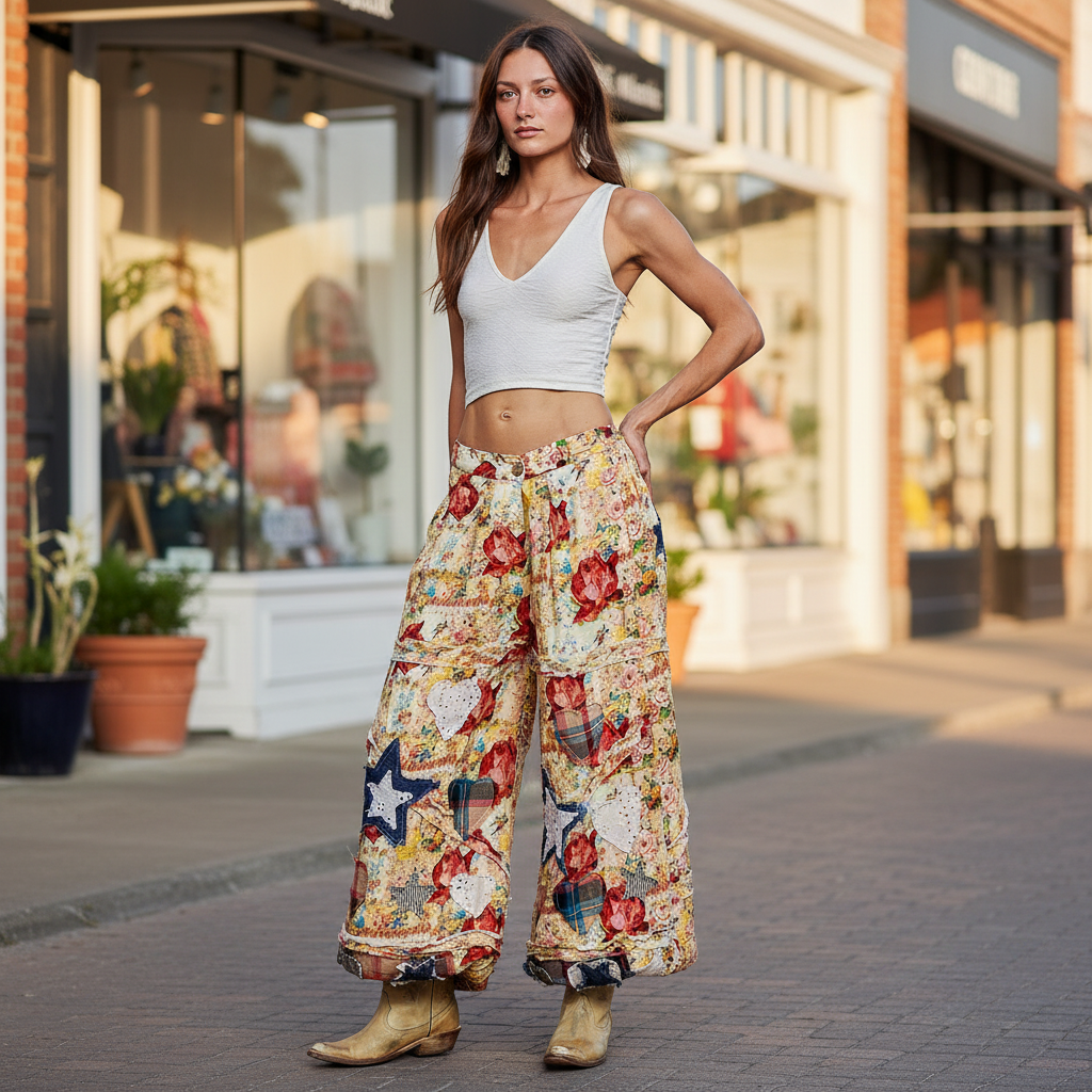 POL Clothing Women's Coral Multi POL Floral Patchwork Jogger Pants showing relaxed jogger silhouette and side pocket