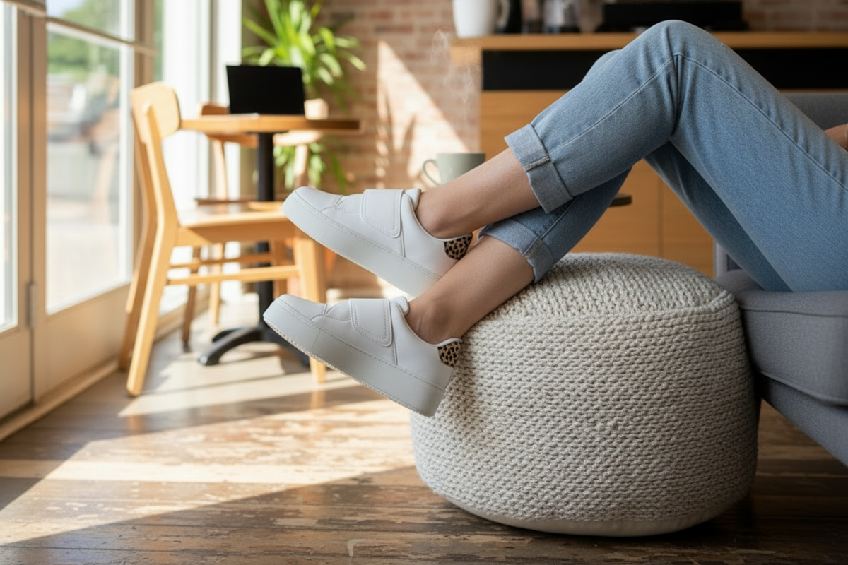 Woman wearing white faux leather platform sneakers with leopard print heel styled with light wash denim – Qupid sneakers collection banner at BellanBlue