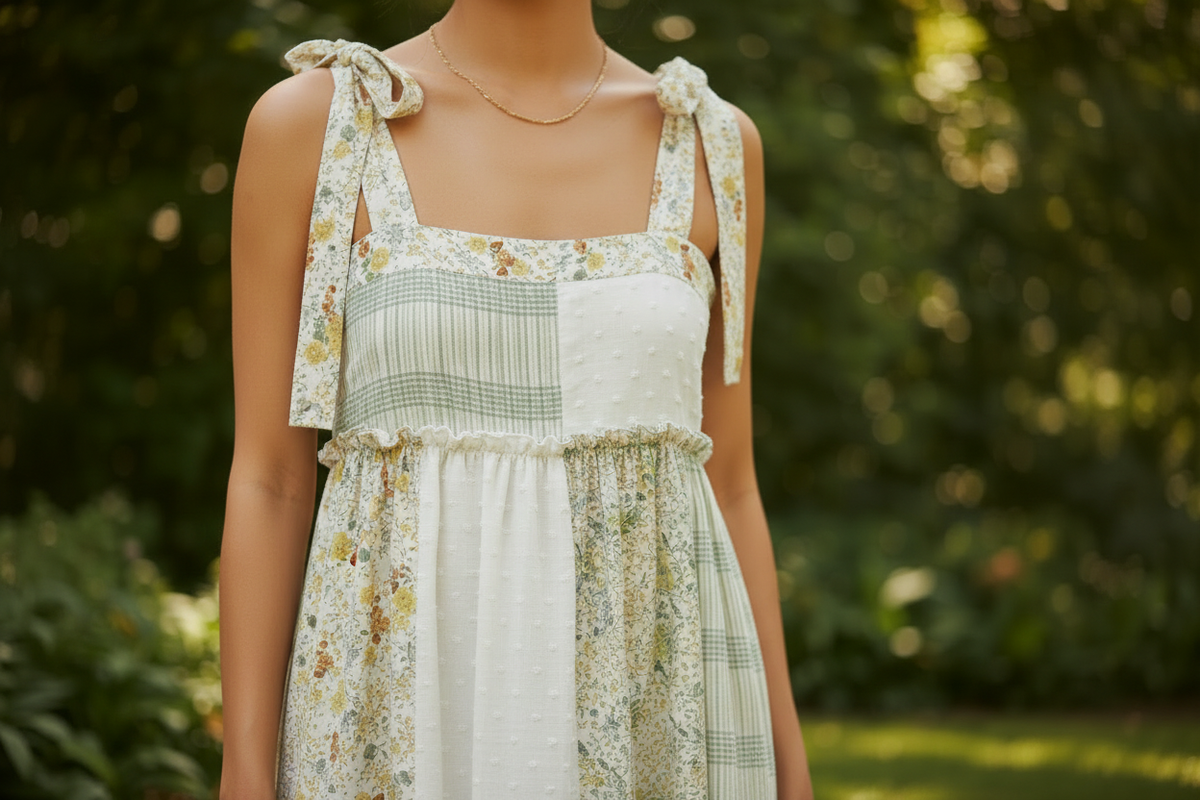 Mello Ivory Multi patchwork tiered maxi dress bodice detail showing smocked front and tie shoulder bows, garden setting