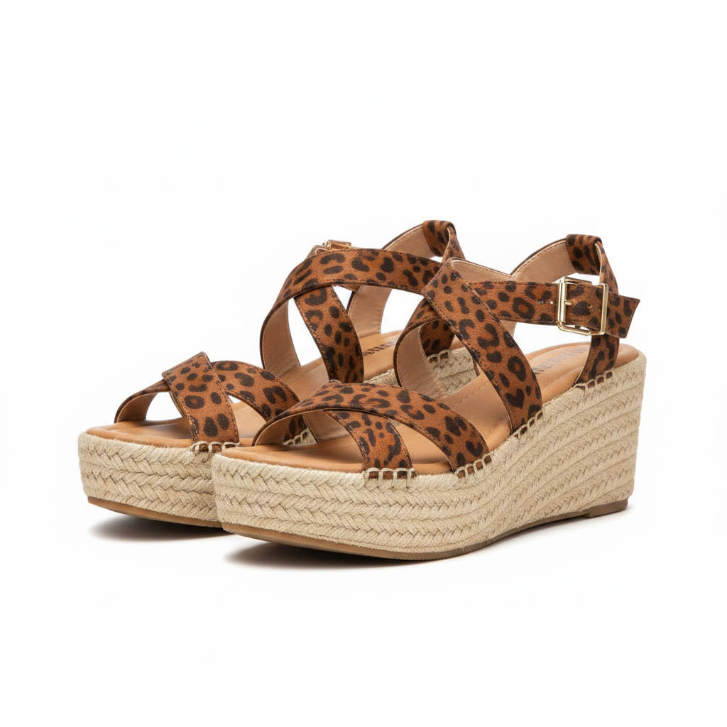 Leopard print crisscross ankle strap espadrille wedge sandals, both shoes front three-quarter hero view, warm brown leopard upper, braided jute wedge sole