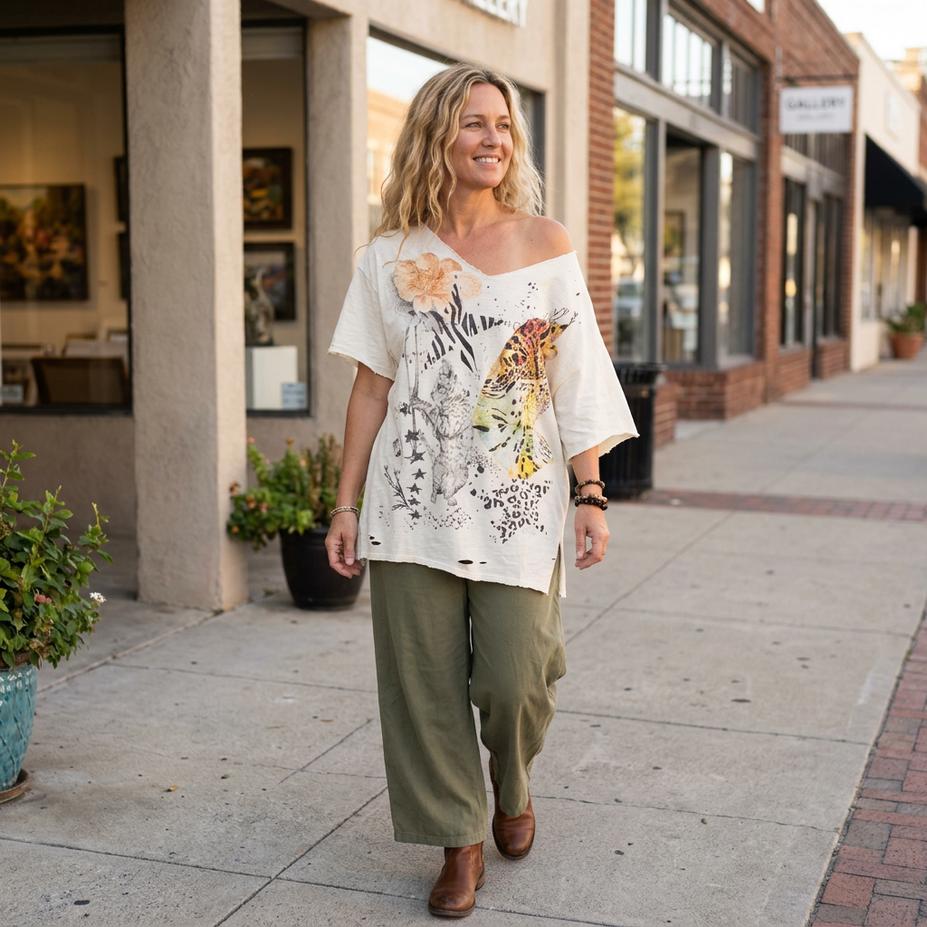 Woman walking a gallery sidewalk in an ivory off-shoulder cat graphic tee and olive wide-leg pants