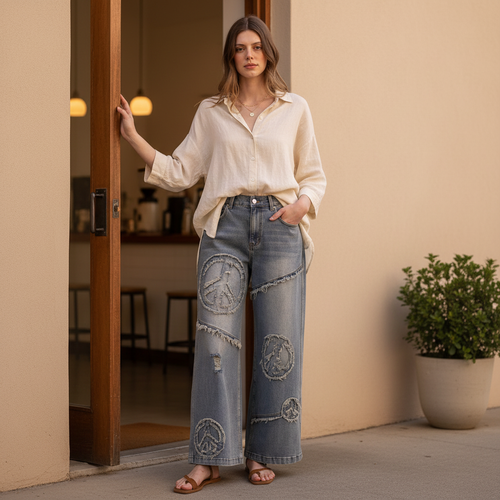Bluevelvet women's washed denim peace patch wide-leg pants standing coffee shop entrance boutique look