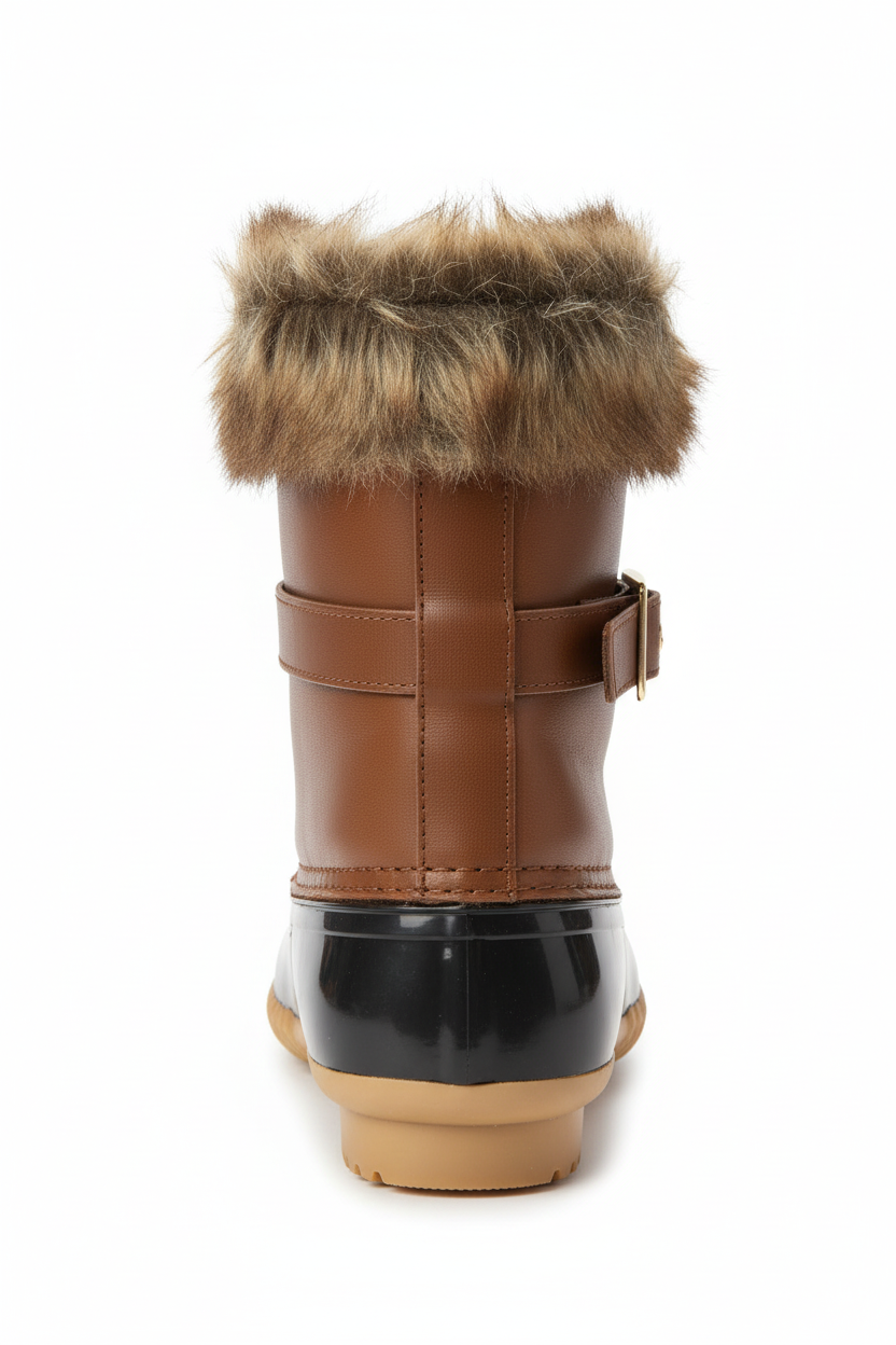 Tan duck boot back view showing buckle strap and fur trim