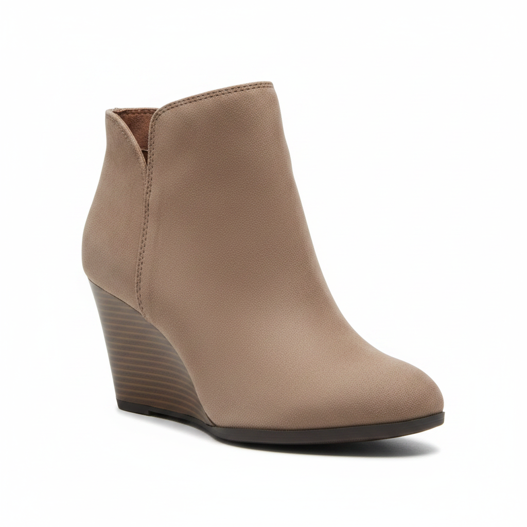 Taupe wedge ankle bootie 3/4 angle view showing side zipper and wedge heel - Soda Shoes
