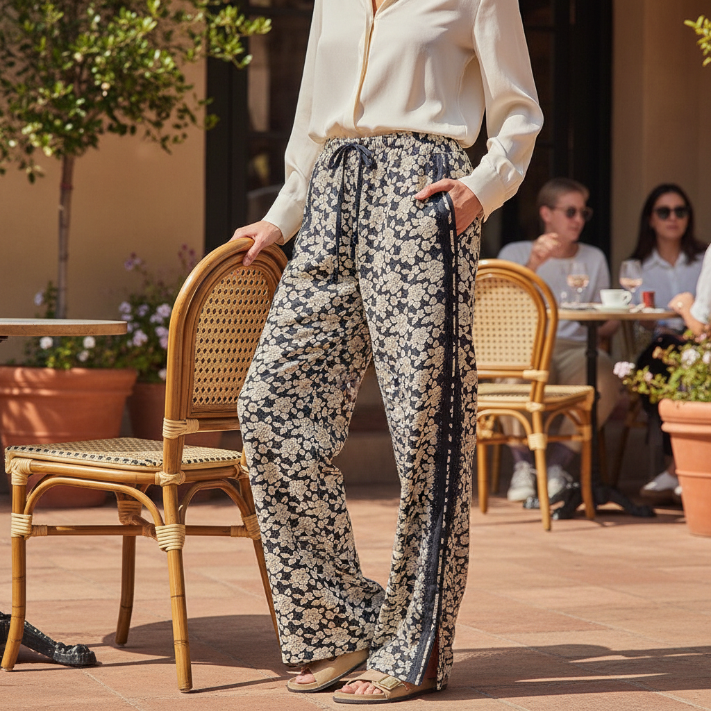 BiBi women's black cream floral wide leg pants, brunch café setting, relaxed wide-leg silhouette
