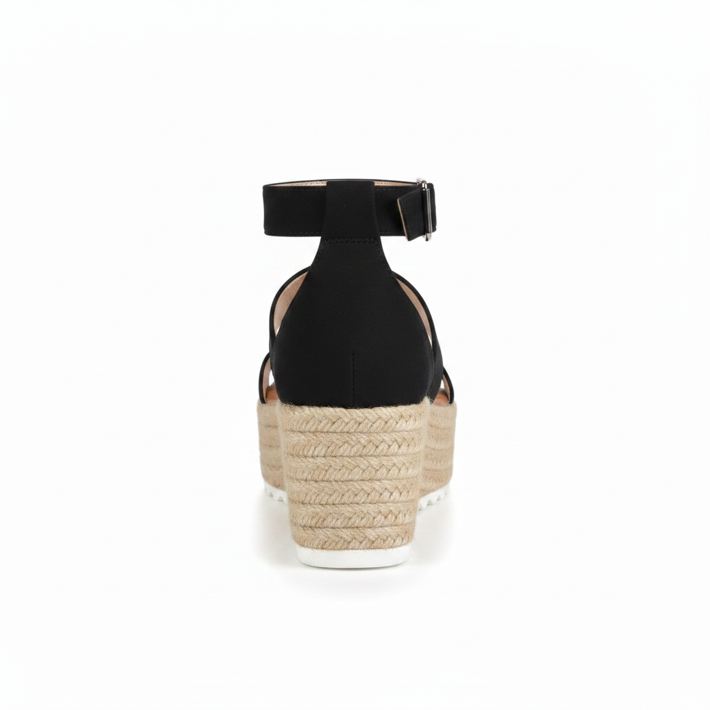 AMS EMMA-25 black espadrille wedge sandal, straight rear view showing ankle strap and jute-wrapped wedge, white background