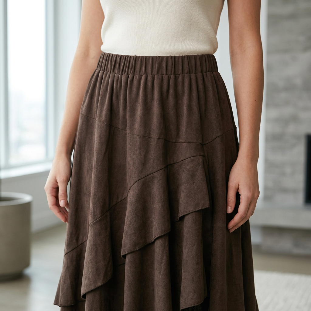 Close view of the gathered elastic waist and diagonal upper panels on a brown skirt.
