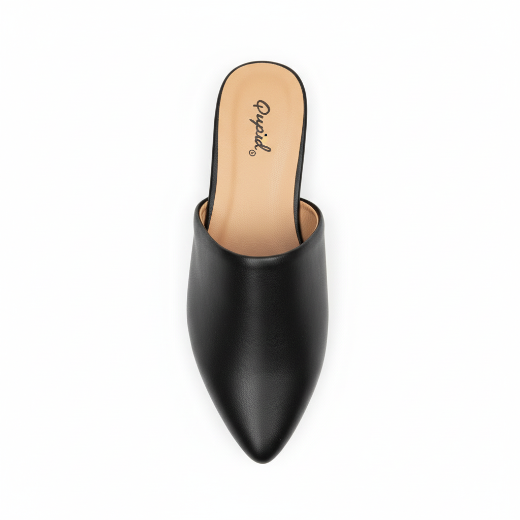 Women's black flat mule, top-down view showing smooth faux leather upper and tan cushioned footbed, white background