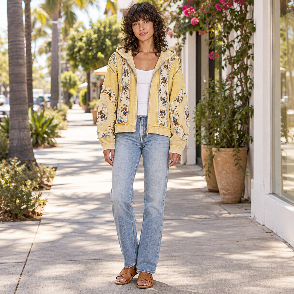 POL Clothing women's lemon floral patchwork zip-up hoodie styled with jeans on a sunny boutique sidewalk - BellanBlue