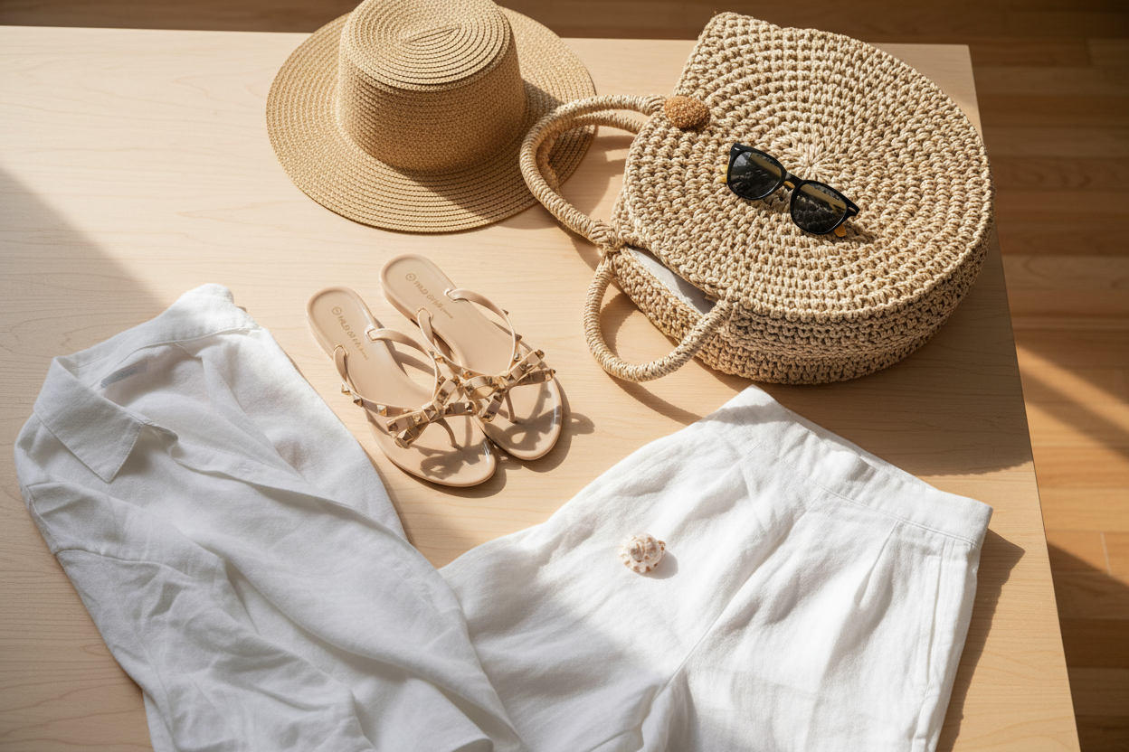 Flat lay styling with Wild Diva studded jelly sandals, straw bag, and summer accessories - beach vacation aesthetic