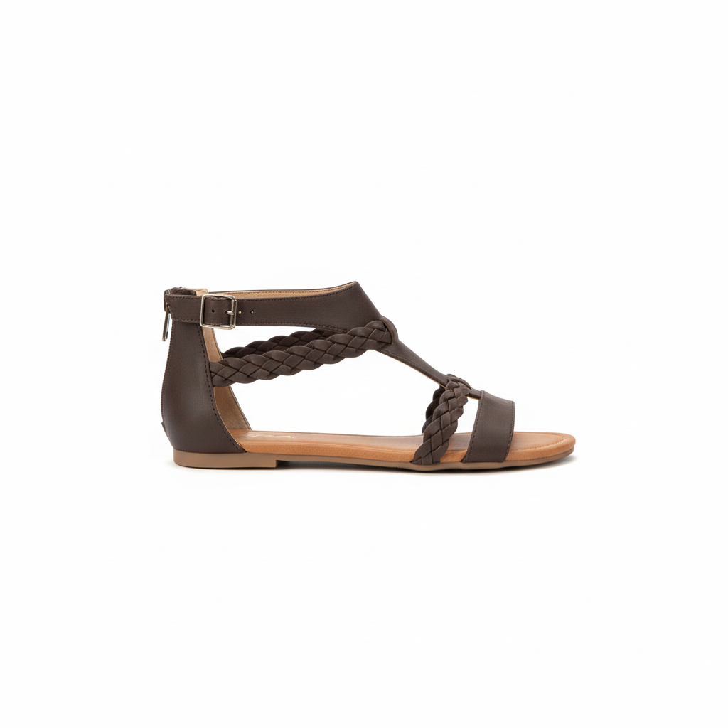 Brown braided gladiator sandal side profile showing flat sole and ankle strap detail
