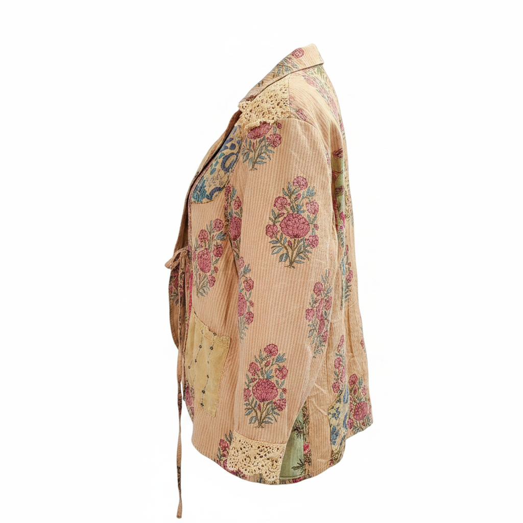 Women's apricot boho blazer side profile, patchwork botanical print, tie-front closure, crinkled cotton, one-size oversized