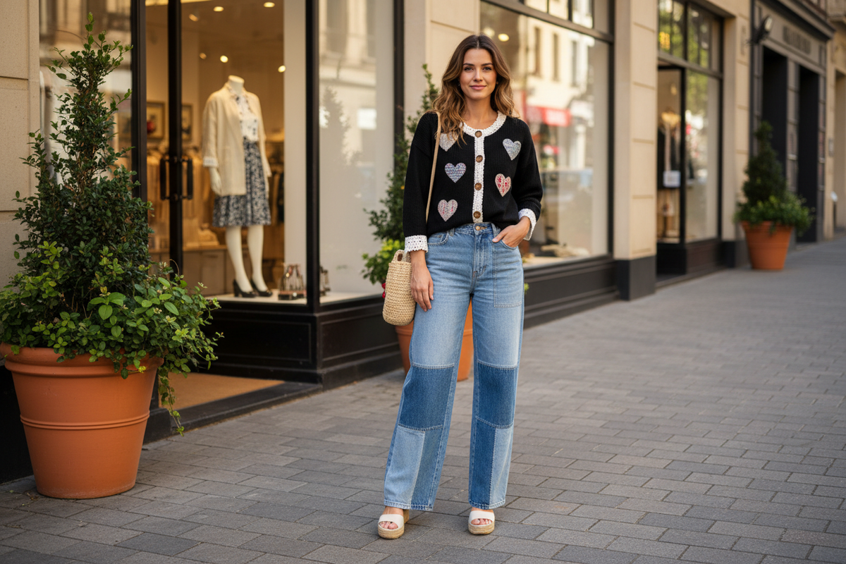 POL Clothing black open-knit cardigan with heart appliqués worn open over wide-leg patchwork denim, outdoor boutique street style