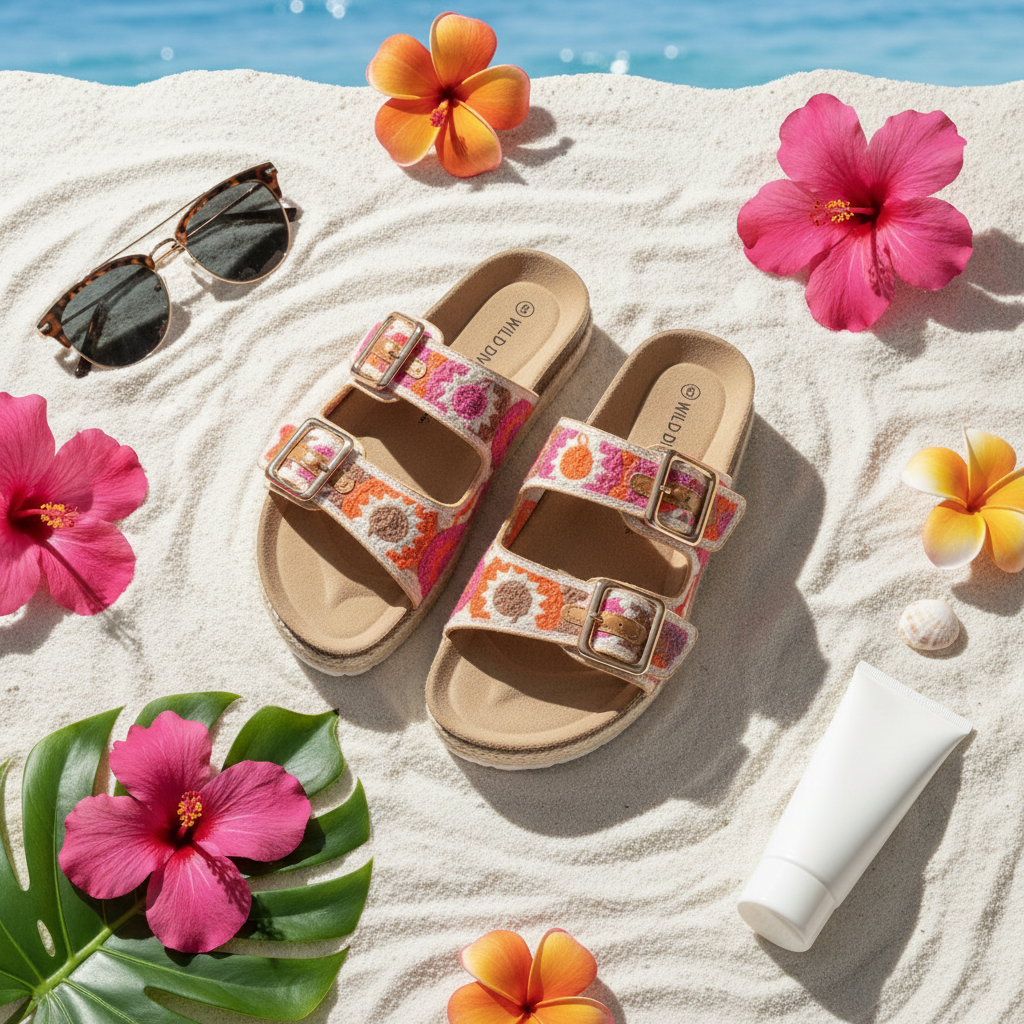 Flat lay of floral platform espadrille sandals on beach with summer accessories - vacation styling