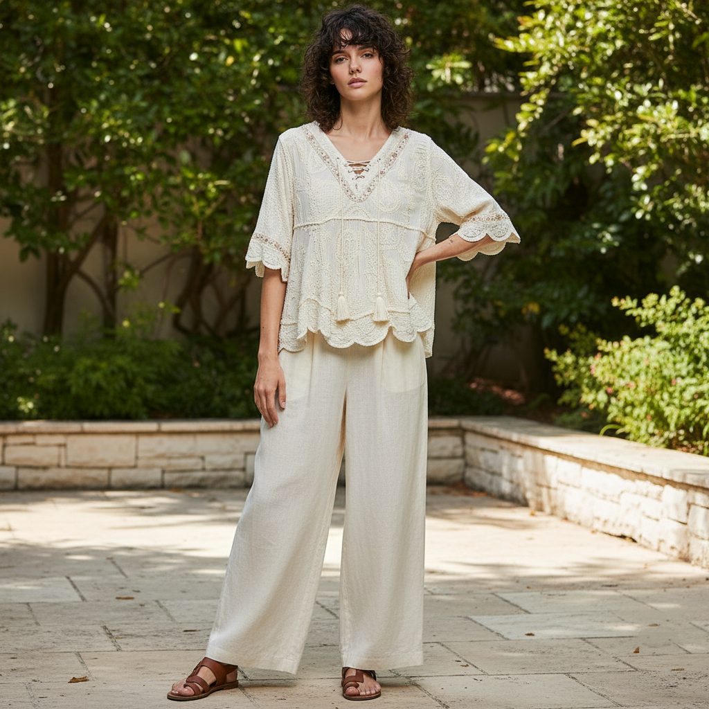 POL women's off-white crochet lace-up V-neck tassel blouse, scalloped hem, garden patio setting - BellanBlue