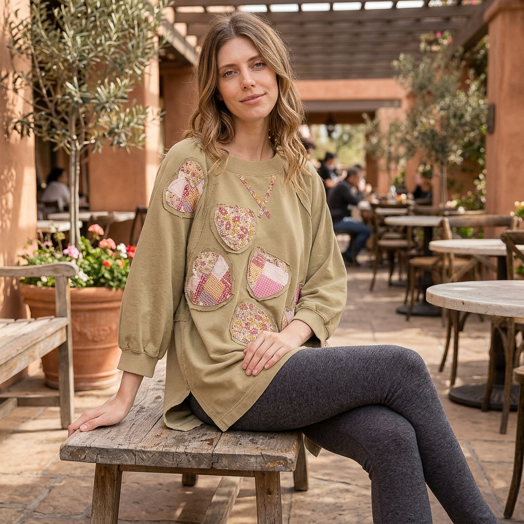 Blue Velvet sage heart patchwork sweatshirt seated on a cafe bench showing tunic length and side slits