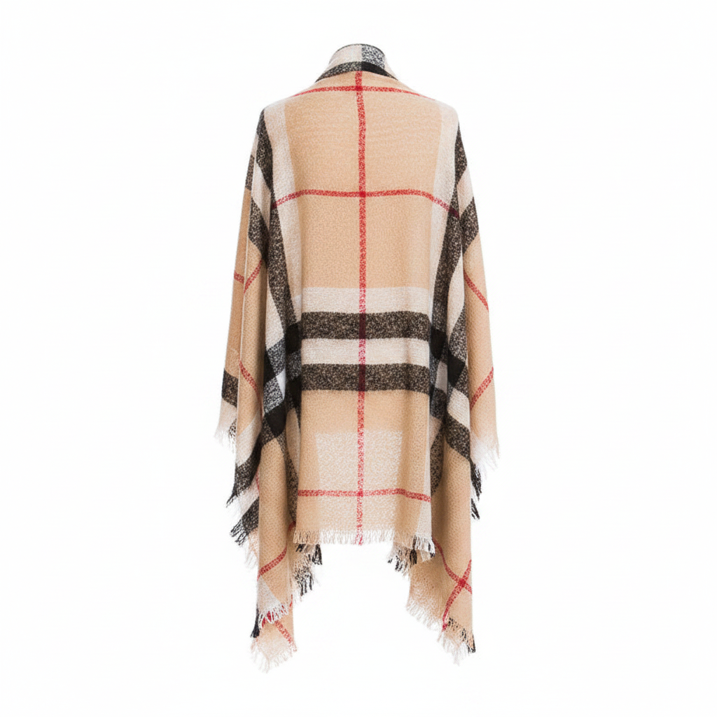 Women's tan black plaid wrap shawl, back view, full drape and long fringe hem detail