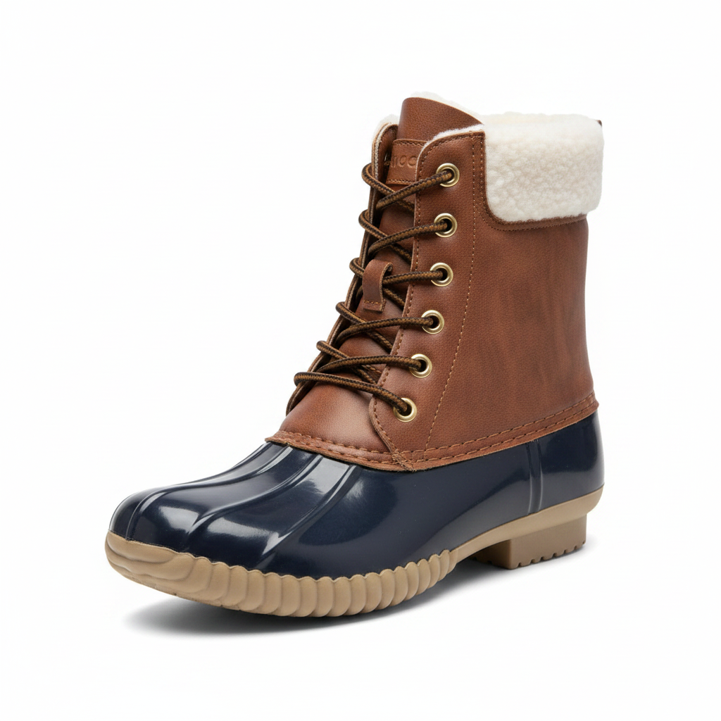 Women's duck boot 3/4 angle view showing brown lace-up upper, navy rubber lower, and sherpa collar - Yoki