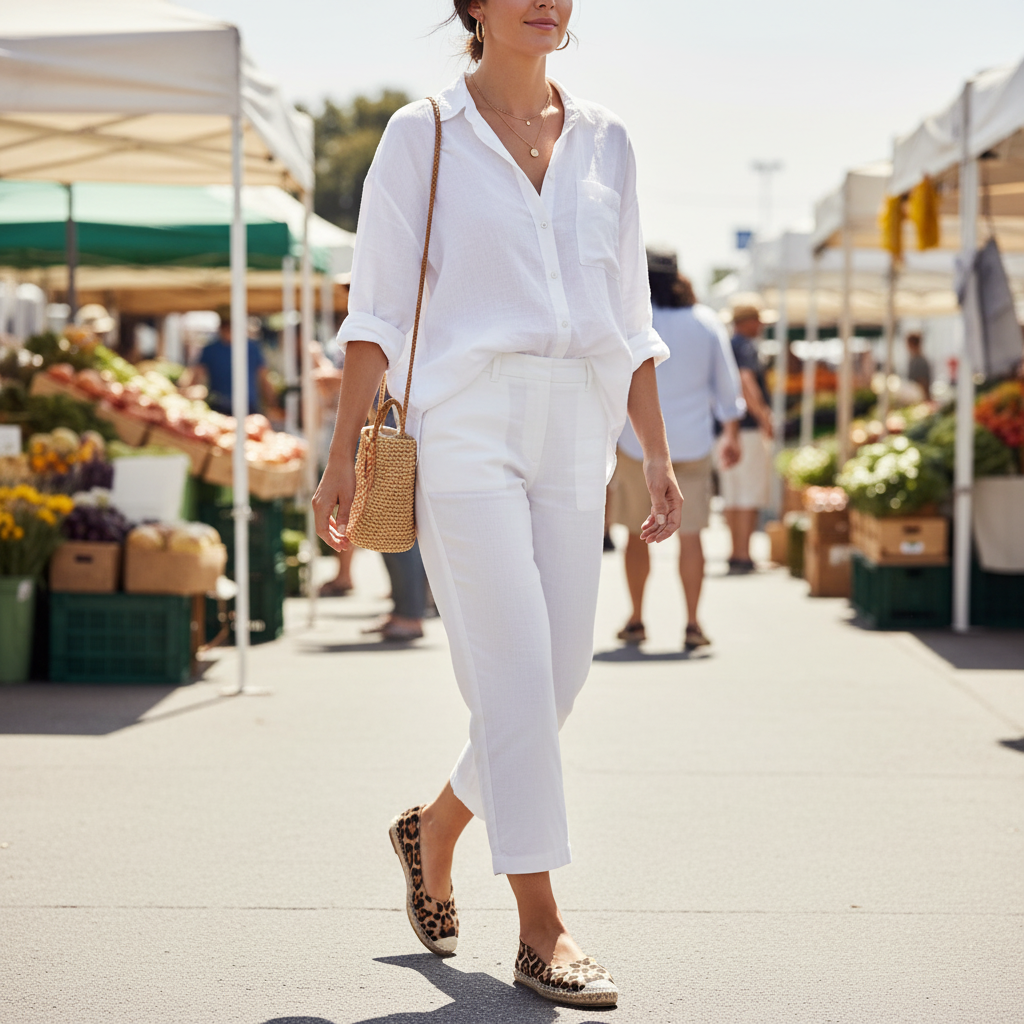 Leopard print slip-on flats worn with white linen pants at a weekend farmers market, women's boutique flats