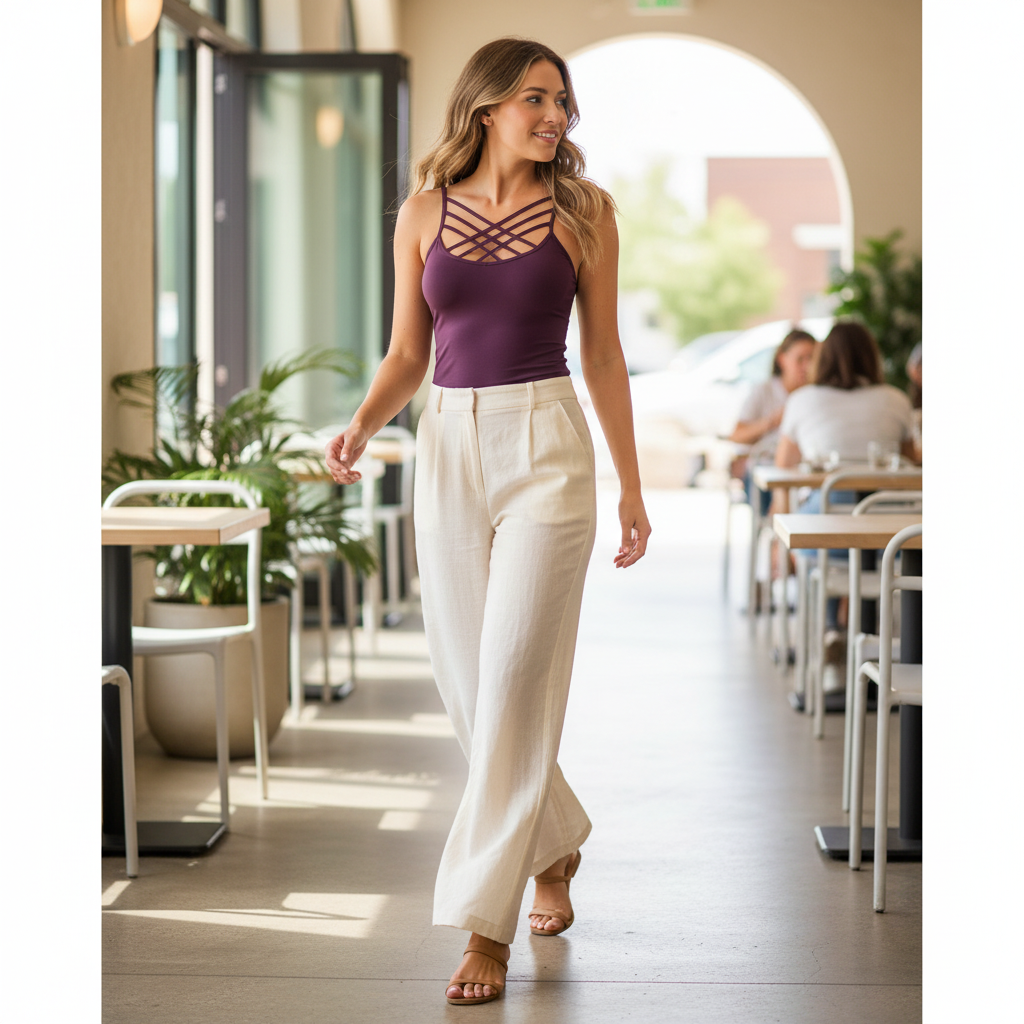 Women's plum seamless cami tank with criss-cross straps styled with linen trousers at a café patio