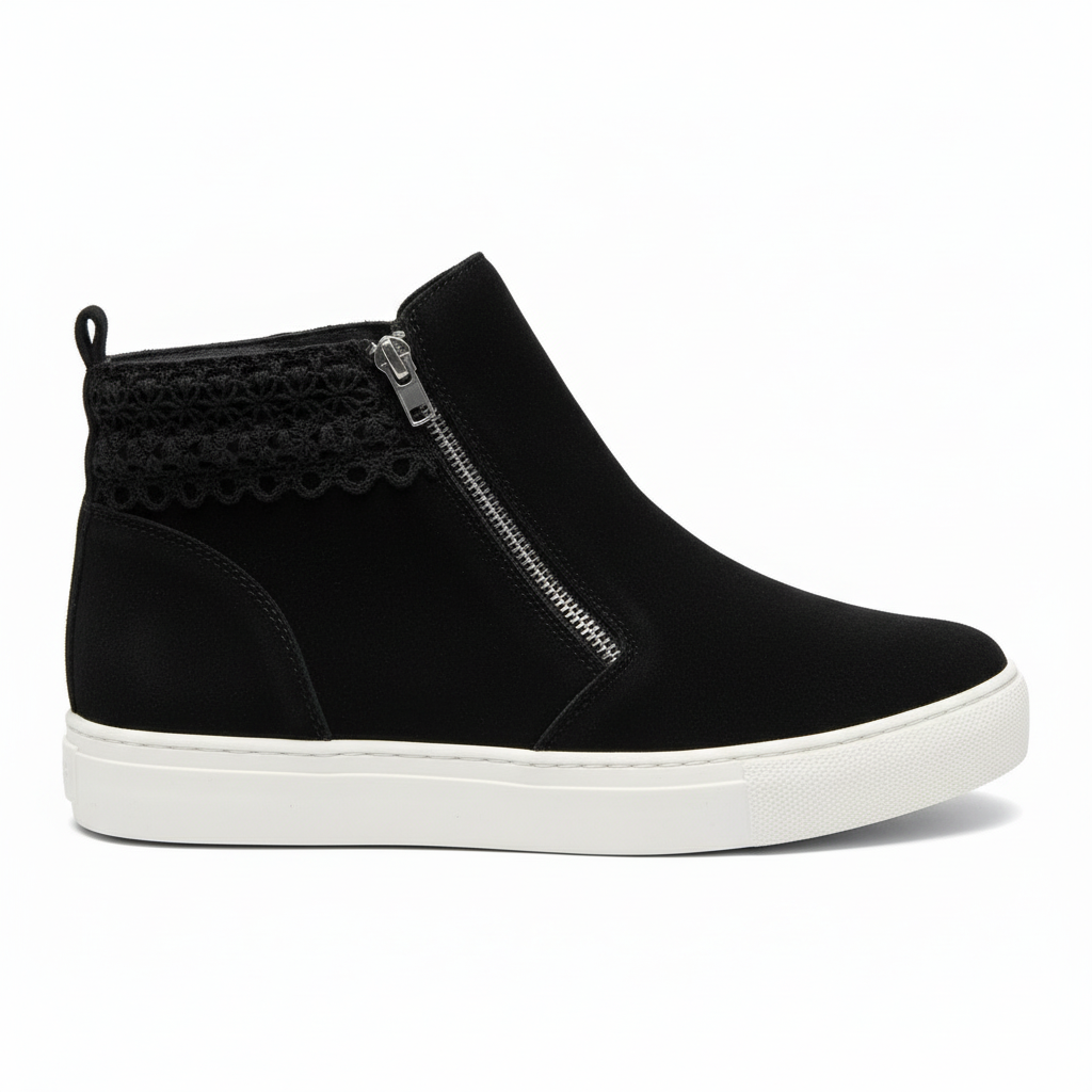 Women's black suede platform sneaker boot left side view showing side zipper and crochet trim detail - BellanBlue