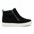 Women's black suede platform sneaker boot left side view showing side zipper and crochet trim detail - BellanBlue