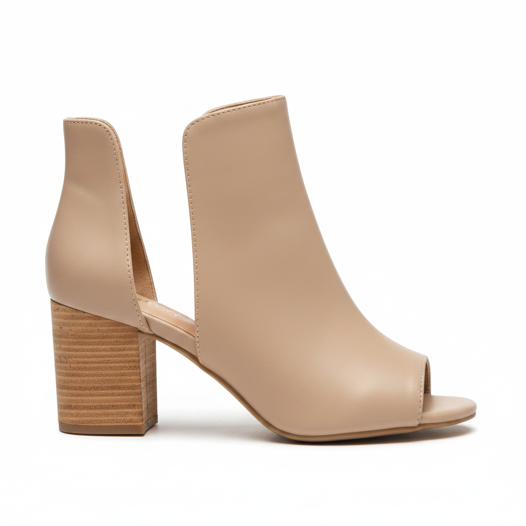 Women's nude faux leather peep toe bootie with chunky stacked cork block heel and side cutouts, side profile view, white background